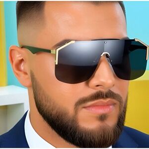 Shield Sunglasses Men Gold Accents Oversized Fashion Visor‎ Sun Glasses Lentes
